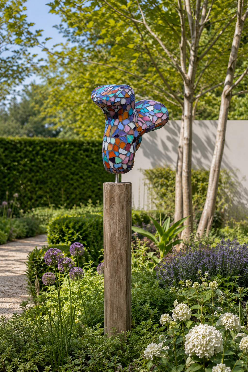 Kleurrijke vlindersculptuur op een houten paal in een aangelegde tuin met bloemen en bomen.
