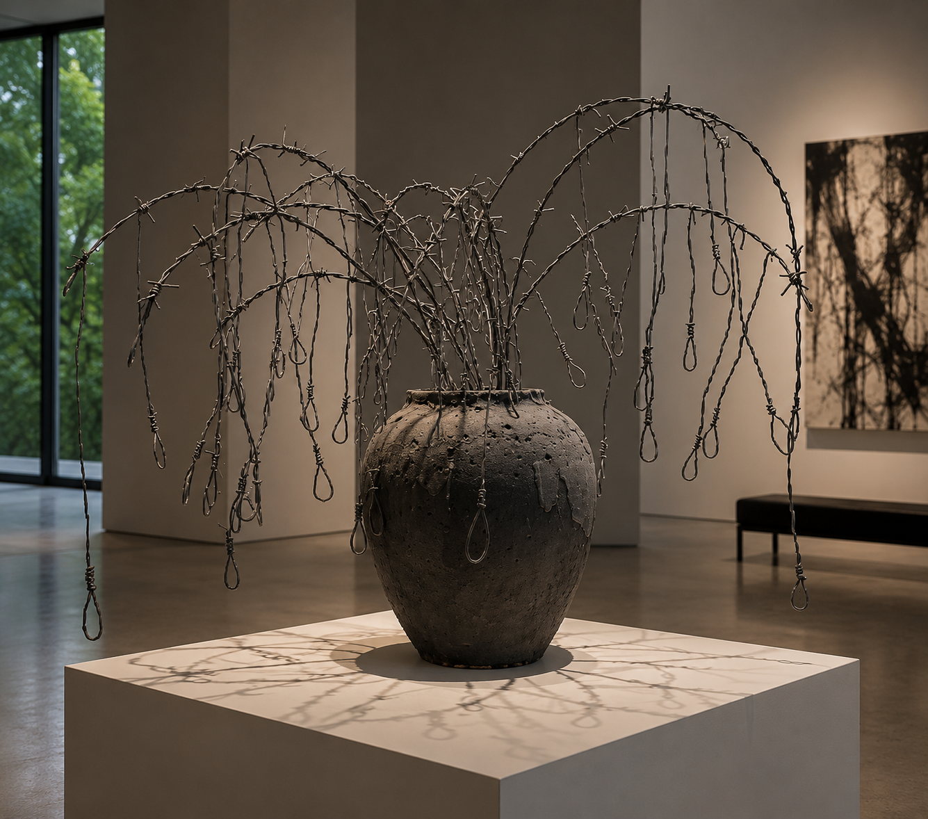 Sculpturale donkere keramische vaas met gebogen metalen strengen op een witte sokkel in een modern galerie-interieur.