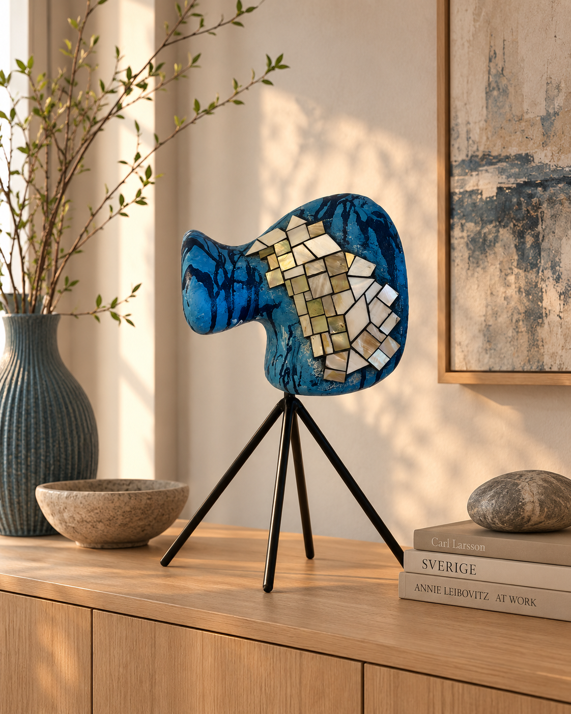Een blauw mozaïekvisbeeldje op een zwart statief, bovenop een houten dressoir, naast een vaas en ingelijste kunst.
