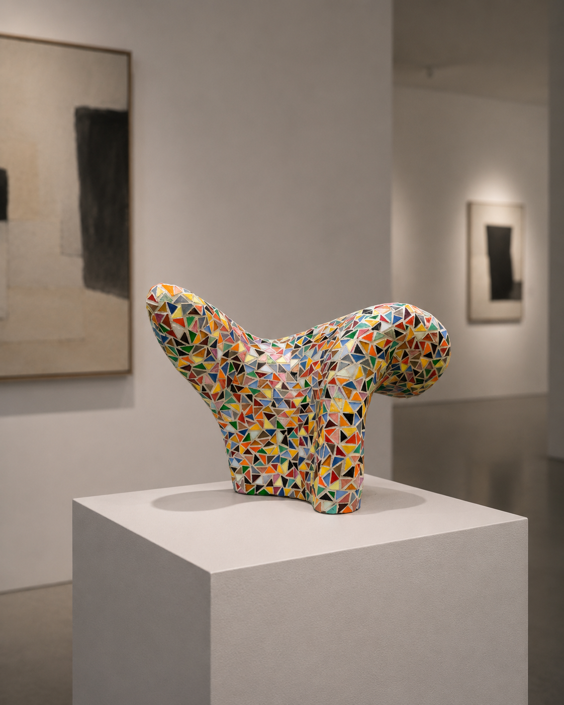 Abstracte, veelkleurige sculptuur op een witte sokkel in een galerie.