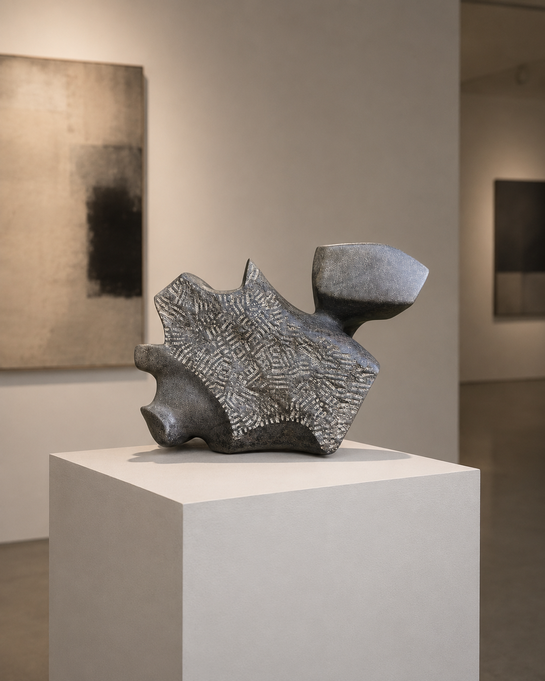 Abstracte metalen sculptuur op een witte sokkel in een galerie, met ingelijste kunstwerken aan de muur erachter.