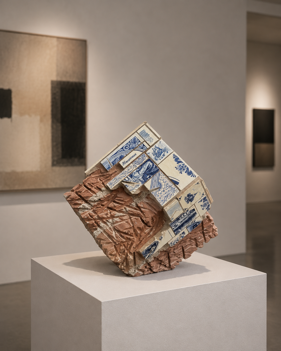 Abstracte geometrische sculptuur op een witte sokkel in een galerie.