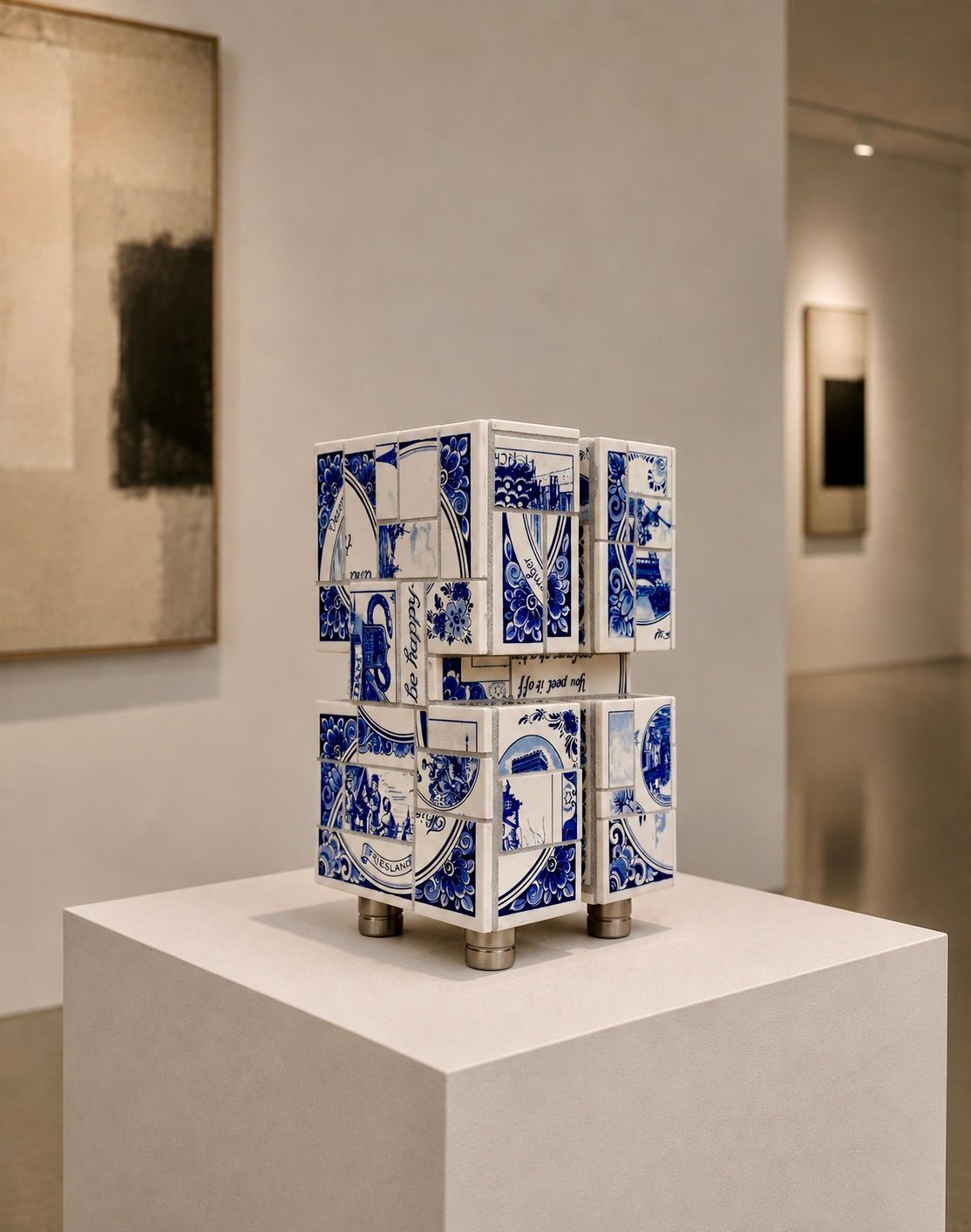Blauw-witte keramische sculptuur op een witte sokkel in een galerieruimte.