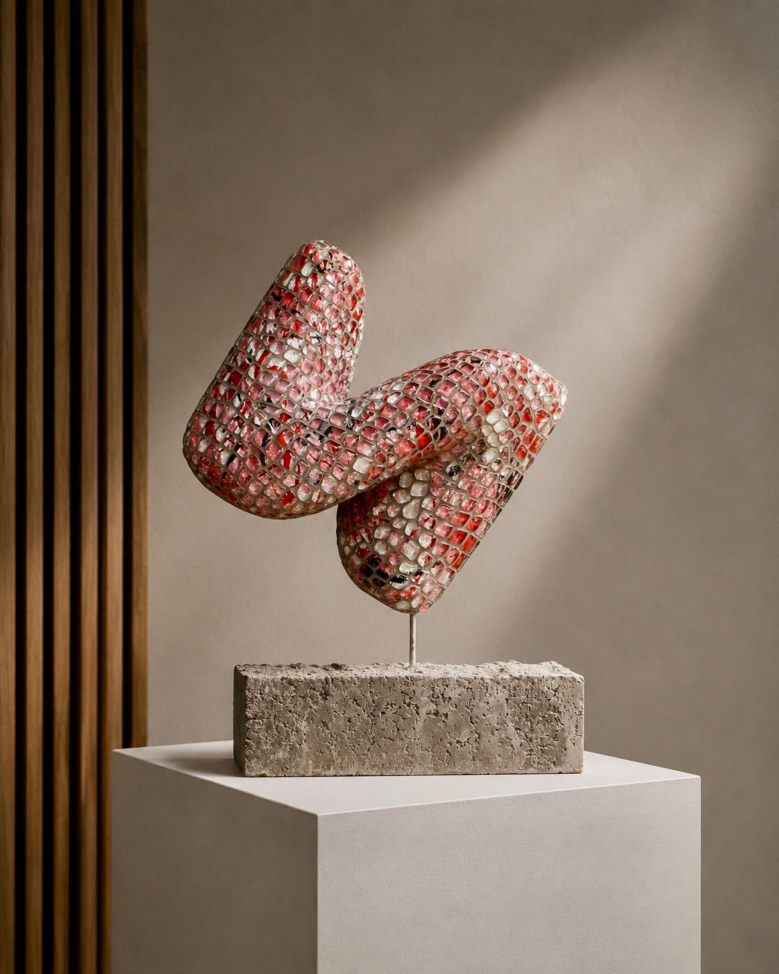 Abstracte rood-zwarte draadsculptuur op een ruwe stenen sokkel, tentoongesteld op een witte voet.
