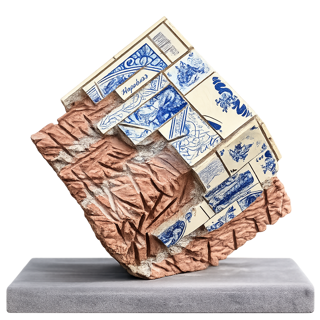 Abstracte keramische sculptuur met blauw-wit patroonblokken op een verfrommelde koperkleurige basis.