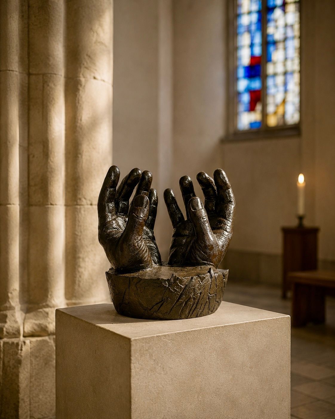 Een bronzen sculptuur van opgeheven handen op een stenen sokkel in een kerk, met glas-in-loodramen en kaarslicht.