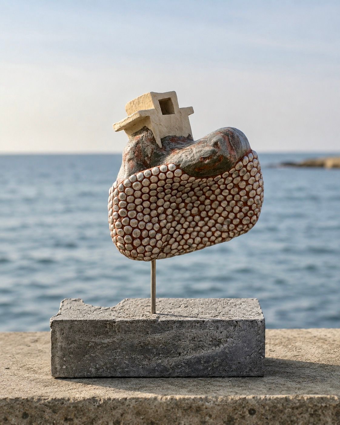 Mozaïeksculptuur van een vogel op een stenen sokkel aan zee.