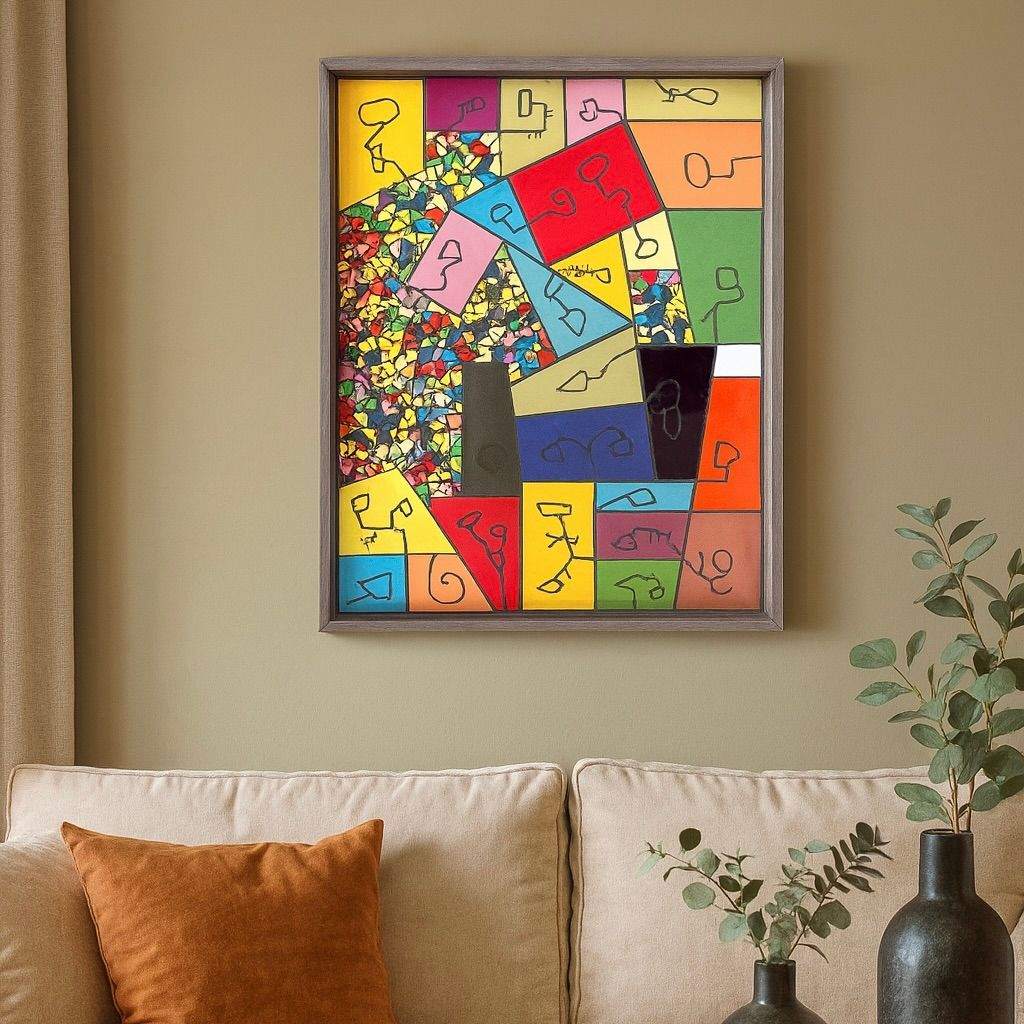 Kleurrijk abstract geometrisch schilderij boven een beige bank met oranje kussen en planten.