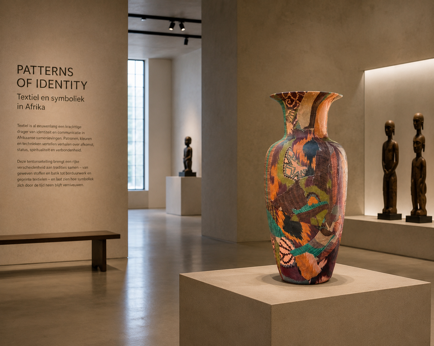 Kunstgalerie met een kleurrijke  sculpturale vaas op een sokkel.