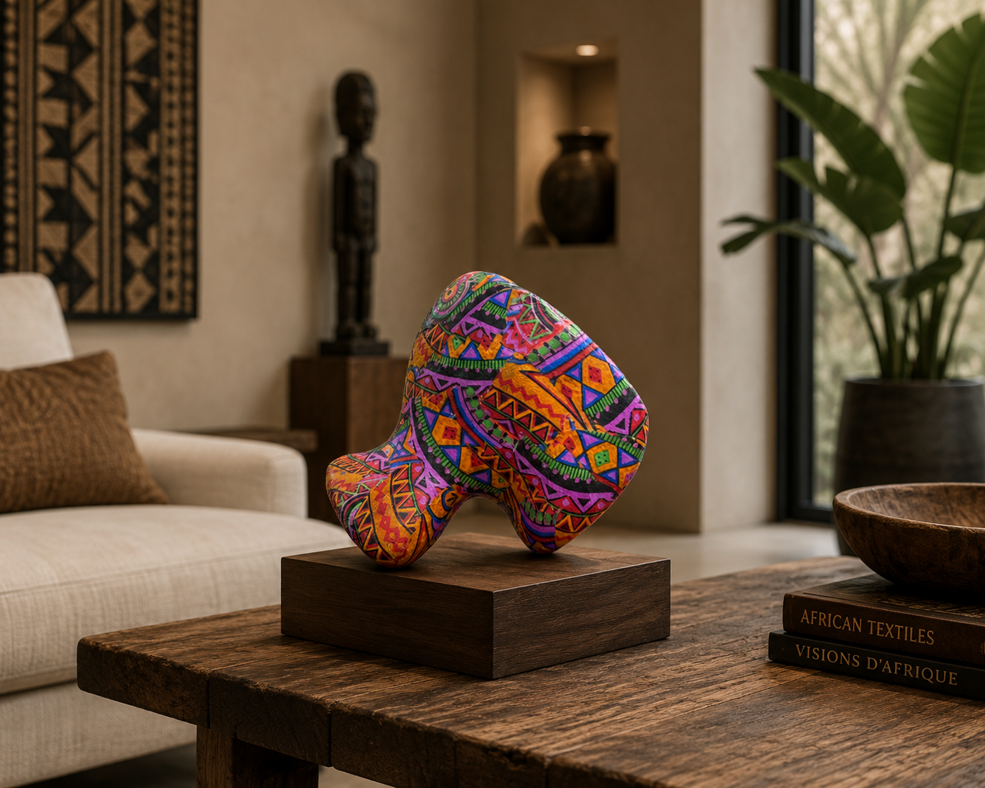 Kleurrijke abstracte sculptuur op een houten sokkel in een moderne woonkamer.