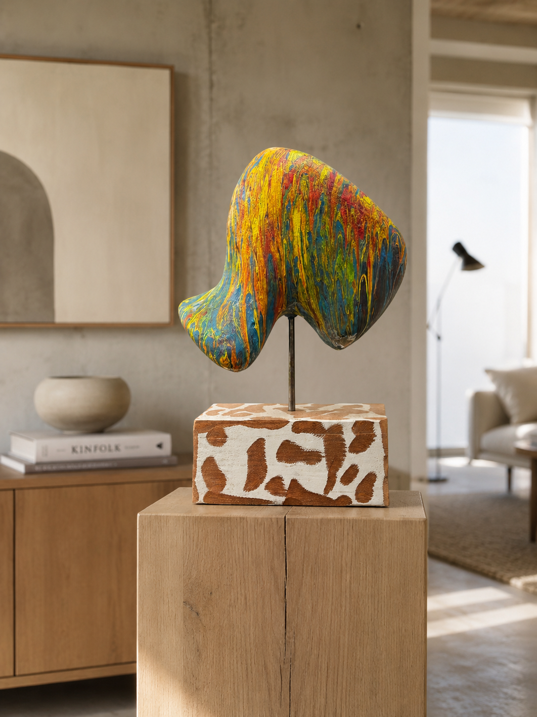 Kleurrijke abstracte draadsculptuur op een rustieke sokkel in een lichte, moderne woonkamer.