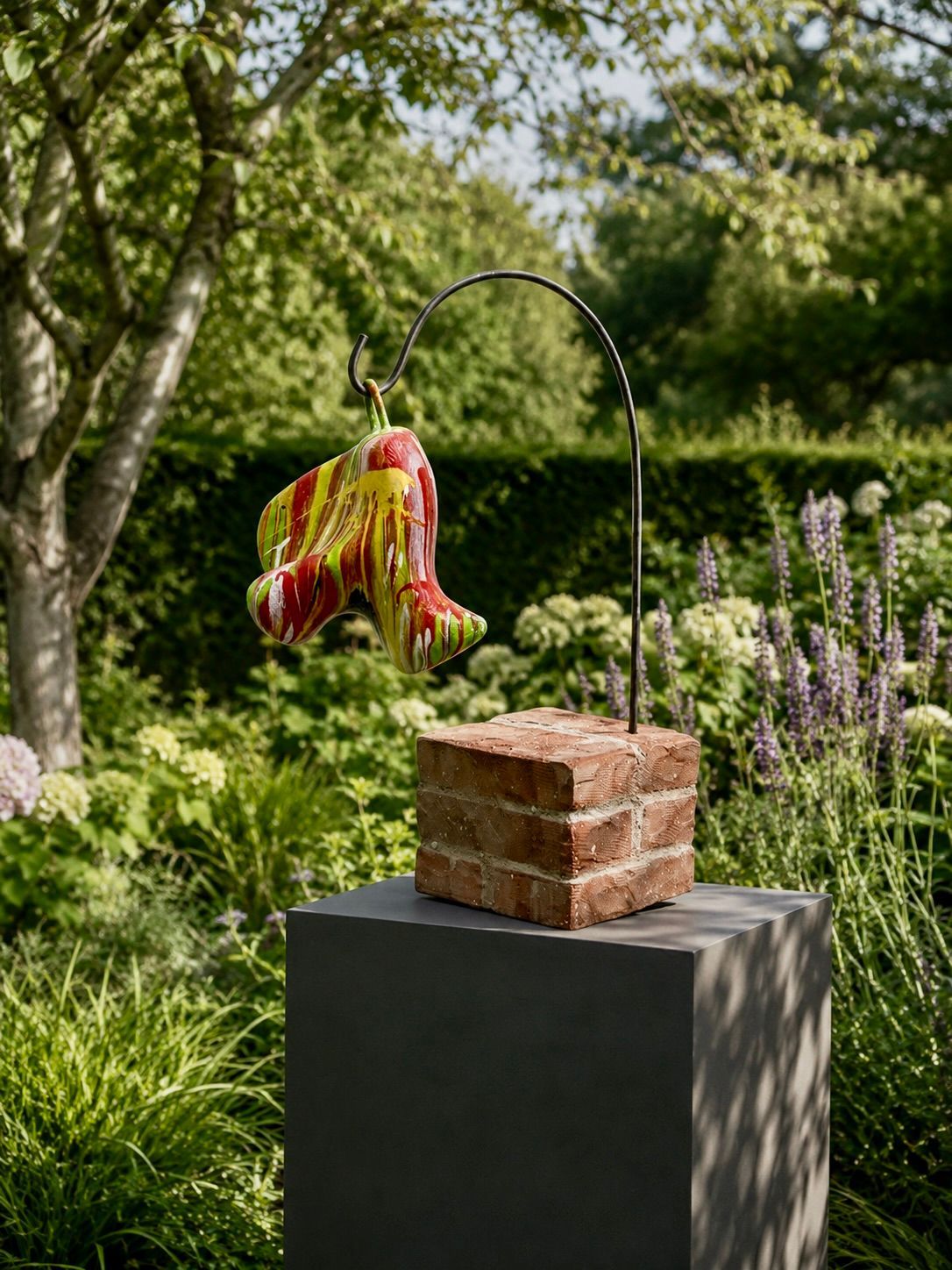 Hangende bloemensculptuur boven gestapelde bakstenen blokken op een zwart voetstuk in een tuinomgeving.