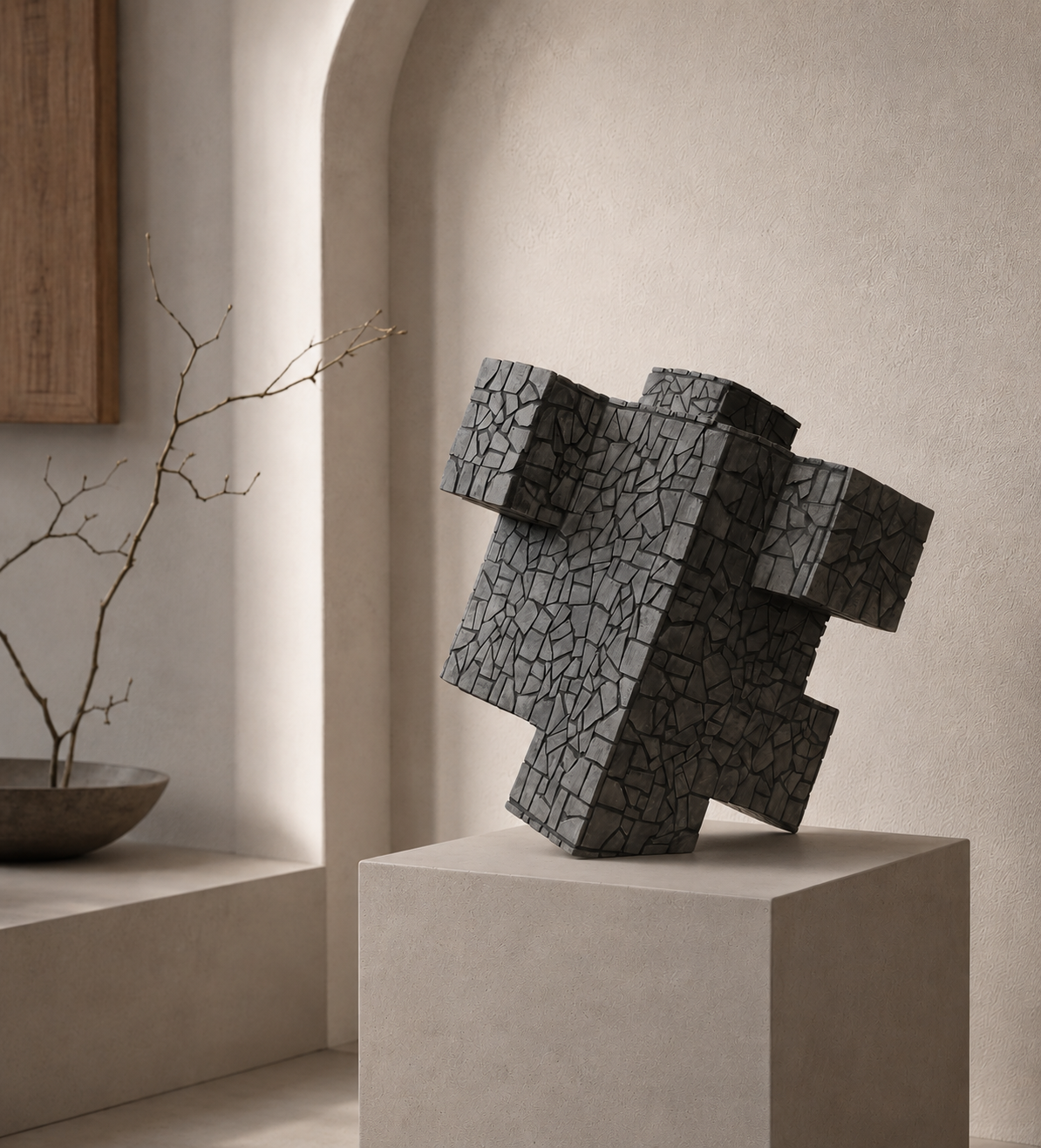 Abstracte, zwarte, geometrische sculptuur op een beige sokkel in een minimalistische kamer met een raam en een vaas.
