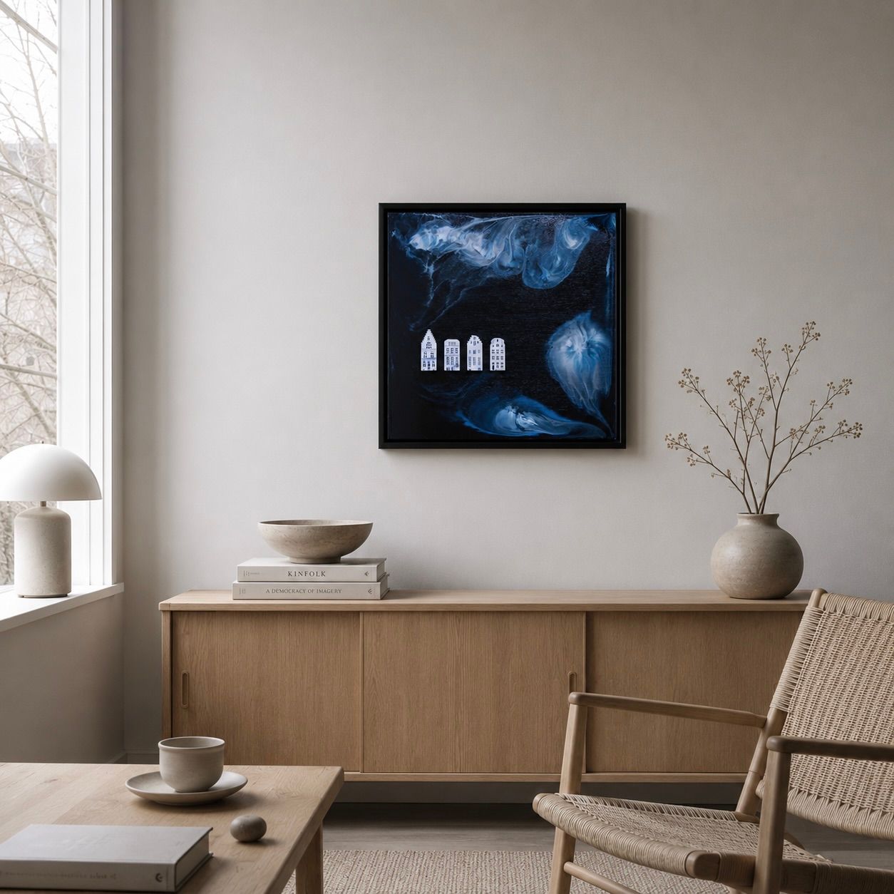 Minimalistische woonkamer met abstracte blauwe kunst, houten dressoir en gevlochten stoel bij het raam.