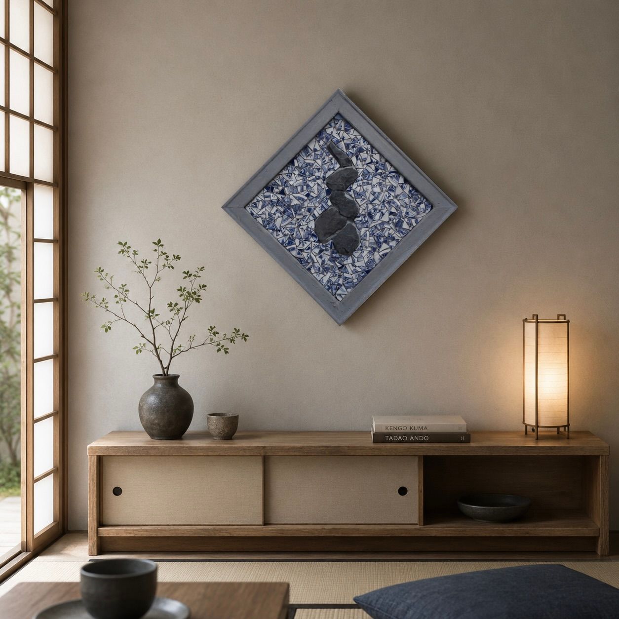 Minimalistische kamer in Japanse stijl met een laag houten kastje, vaas, lamp en blauwe geometrische muurdecoratie.