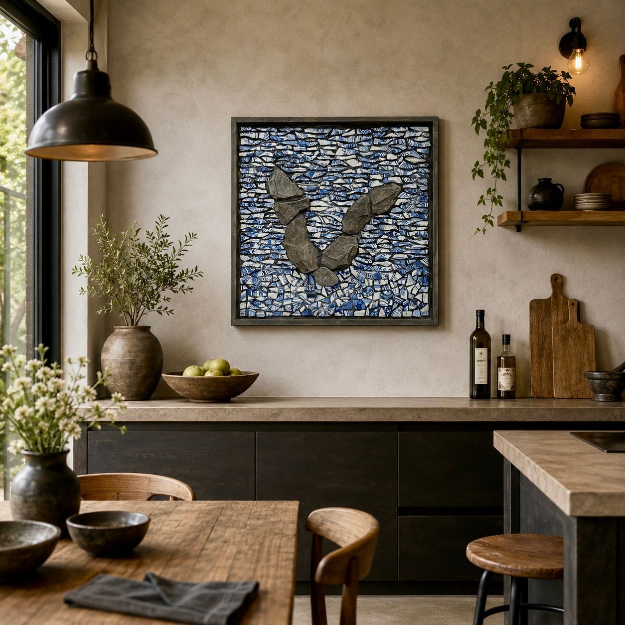 Moderne eetkamer met houten tafel, zwarte hanglamp, planken en abstracte muurdecoratie boven een dressoir.