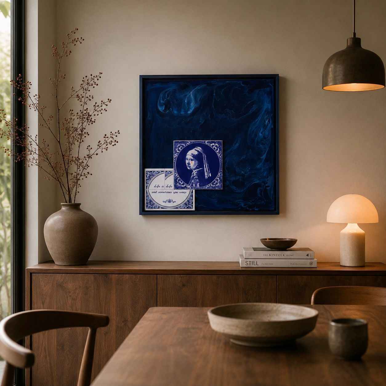 Gezellige eetkamer met een blauw abstract muurschildering, een warme lamp, een houten tafel en keramische decoratie.