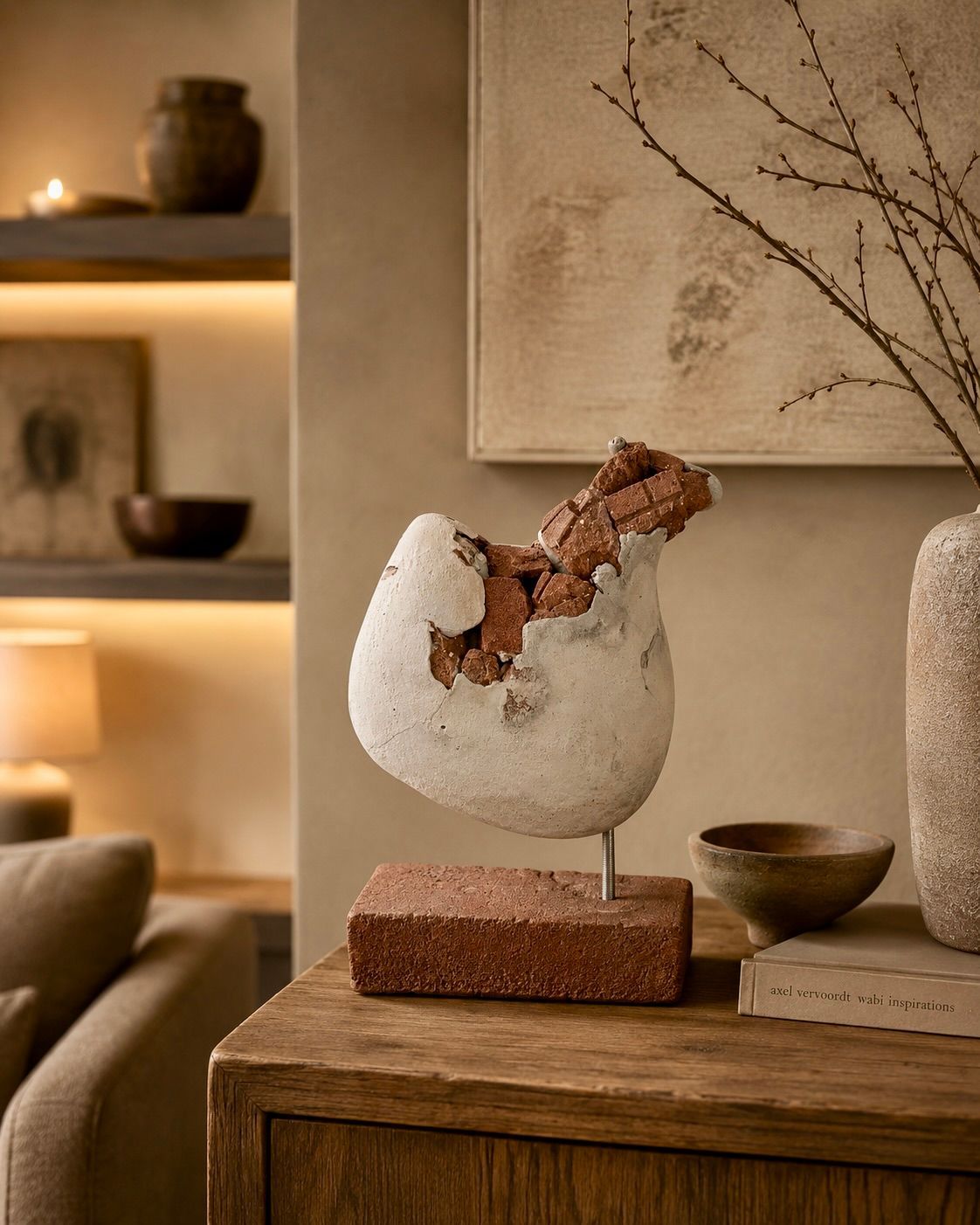 Decoratieve, gebarsten witte komsculptuur op een houten tafel in een warme, moderne woonkamer.