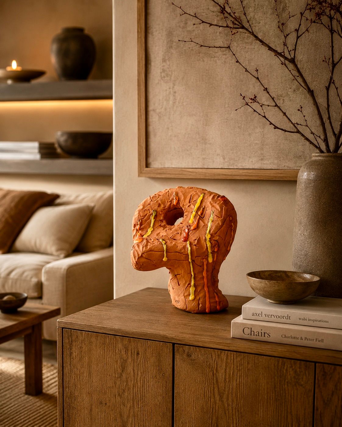 Een oranje, sculpturale stoel op een houten kast in een warme, moderne woonkamer met beige bank en decoratie.