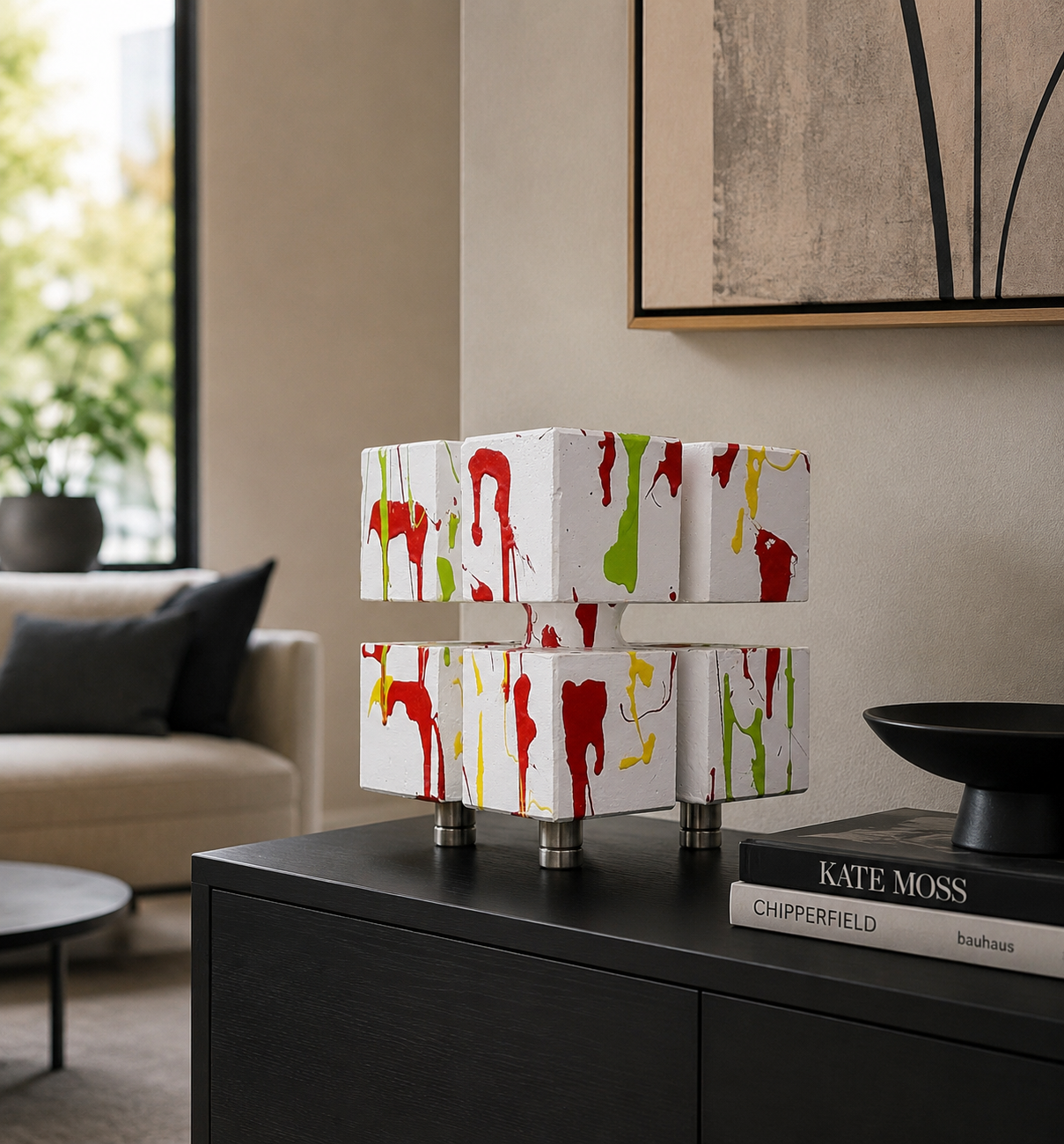 Abstracte, veelkleurige lamp op een zwarte consoletafel in een moderne woonkamer.