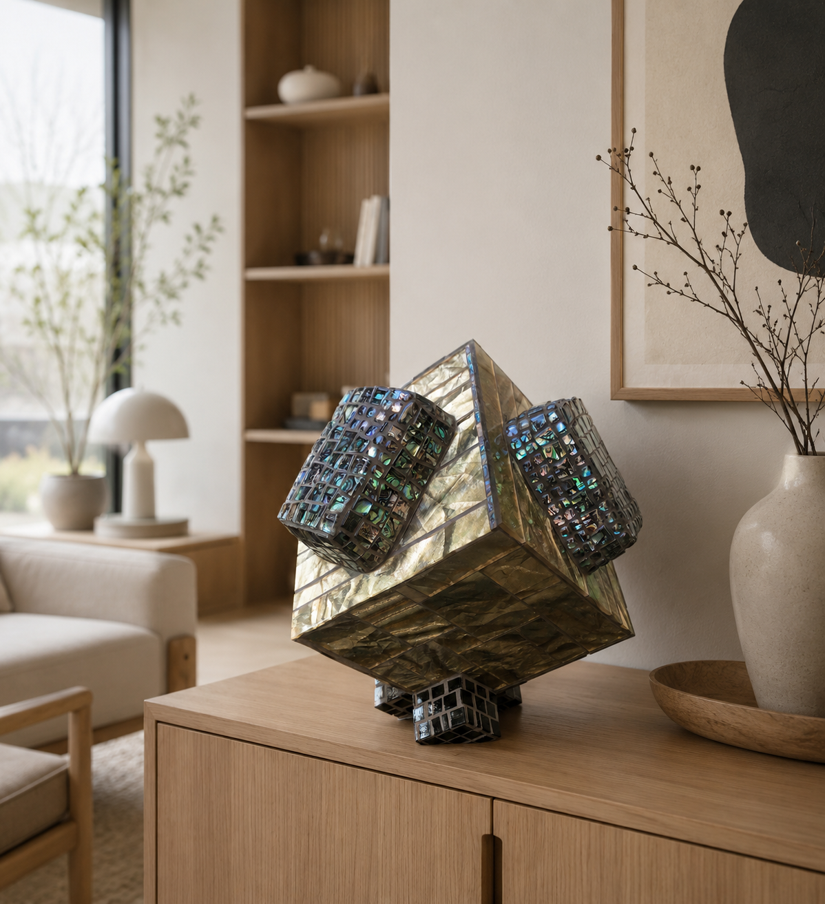 Geometrische metalen sculptuur op een houten kast in een minimalistische woonkamer, met blauwzwarte iriserende accenten.