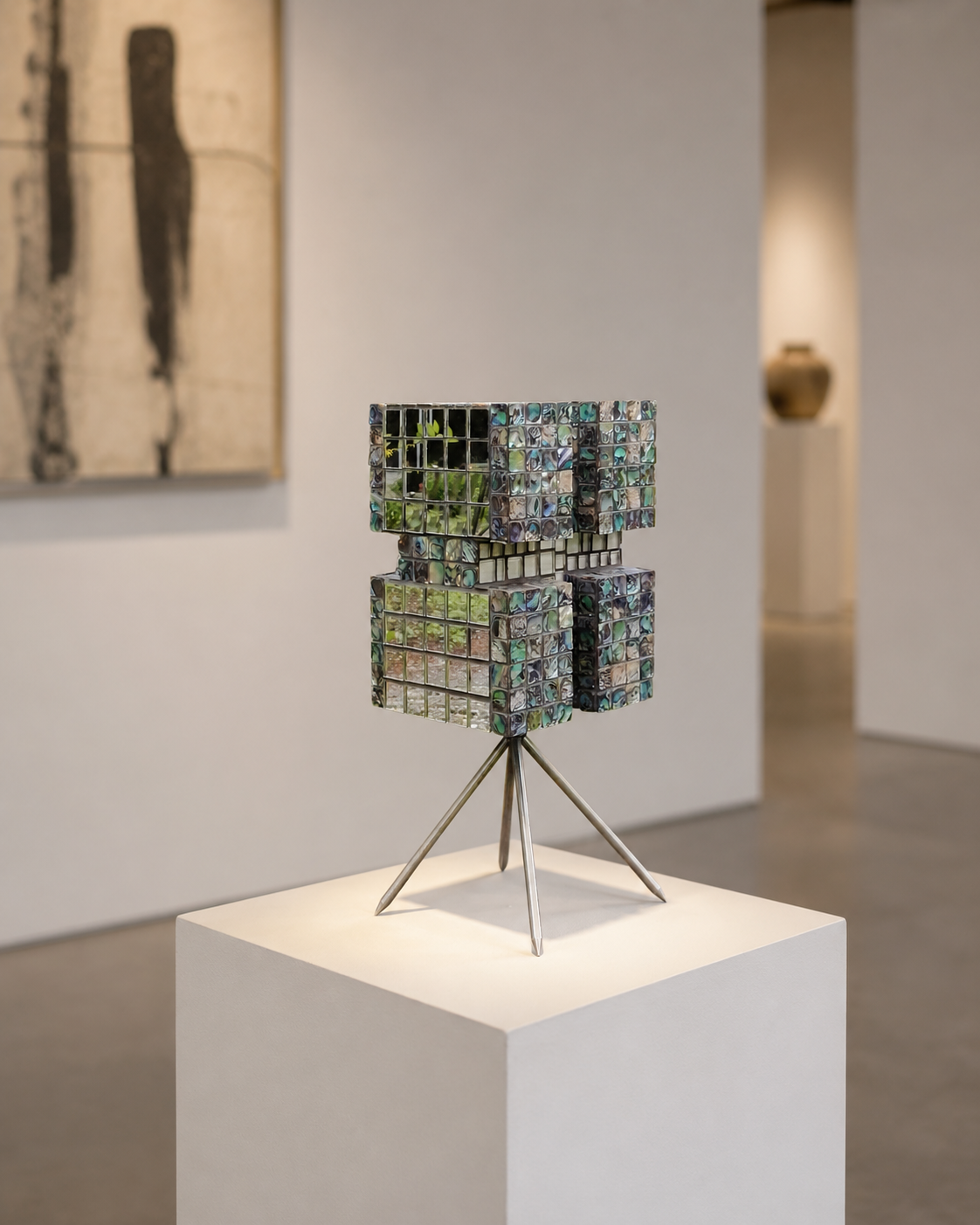 Abstracte, kleurrijke kubussculptuur op een metalen sokkel in een galerie.