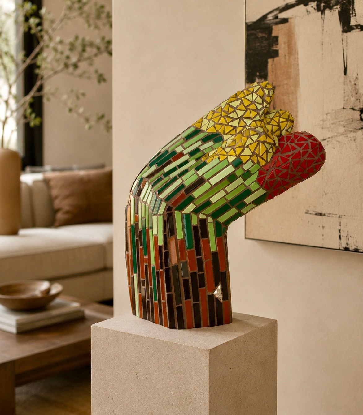 Kleurrijke mozaïeksculptuur op een sokkel in een moderne woonkamer, met gele, groene en rode tegels.