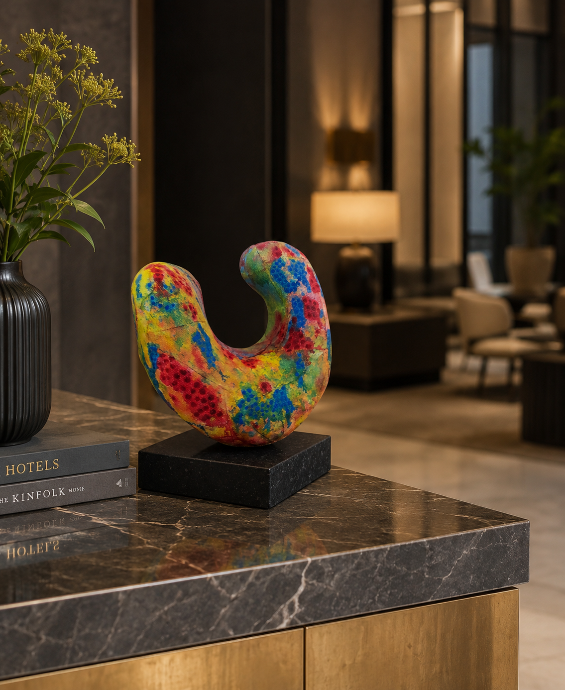Kleurrijke abstracte sculptuur op een marmeren tafel in een moderne, warm verlichte woonkamer.