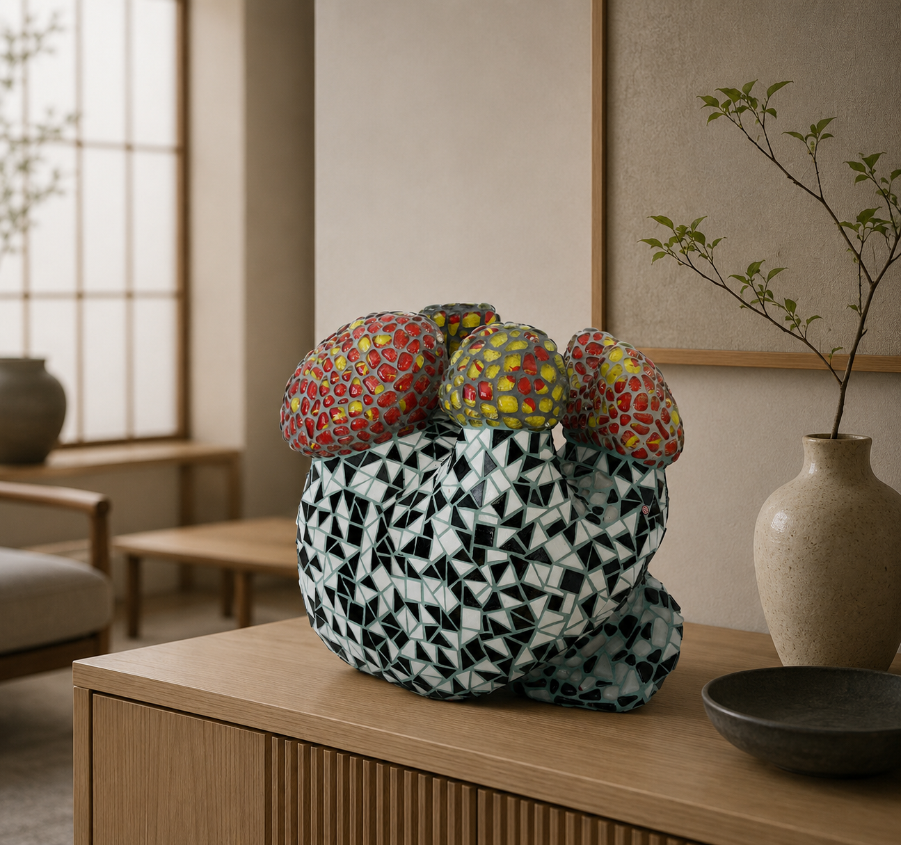 Een tas van bedrukte stof met kleurrijke gebreide items, op een houten tafel in een minimalistische kamer.