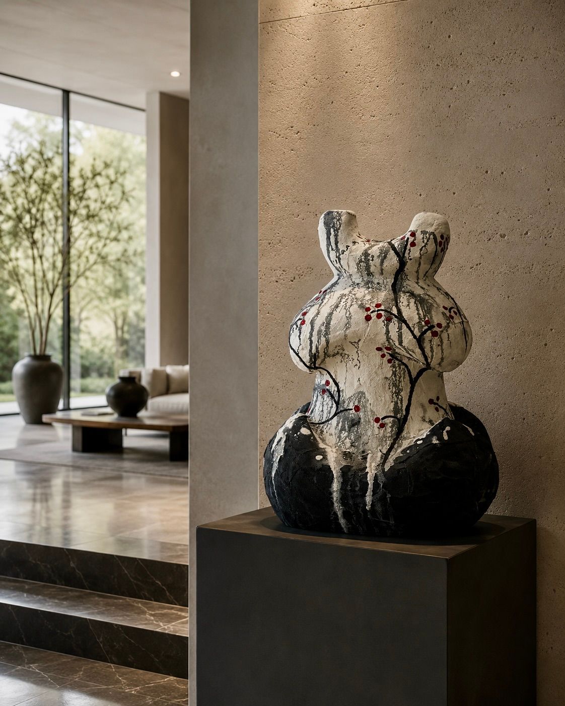 Abstracte keramische sculptuur op een zwarte sokkel in een moderne lobby met grote ramen en zitgelegenheid.