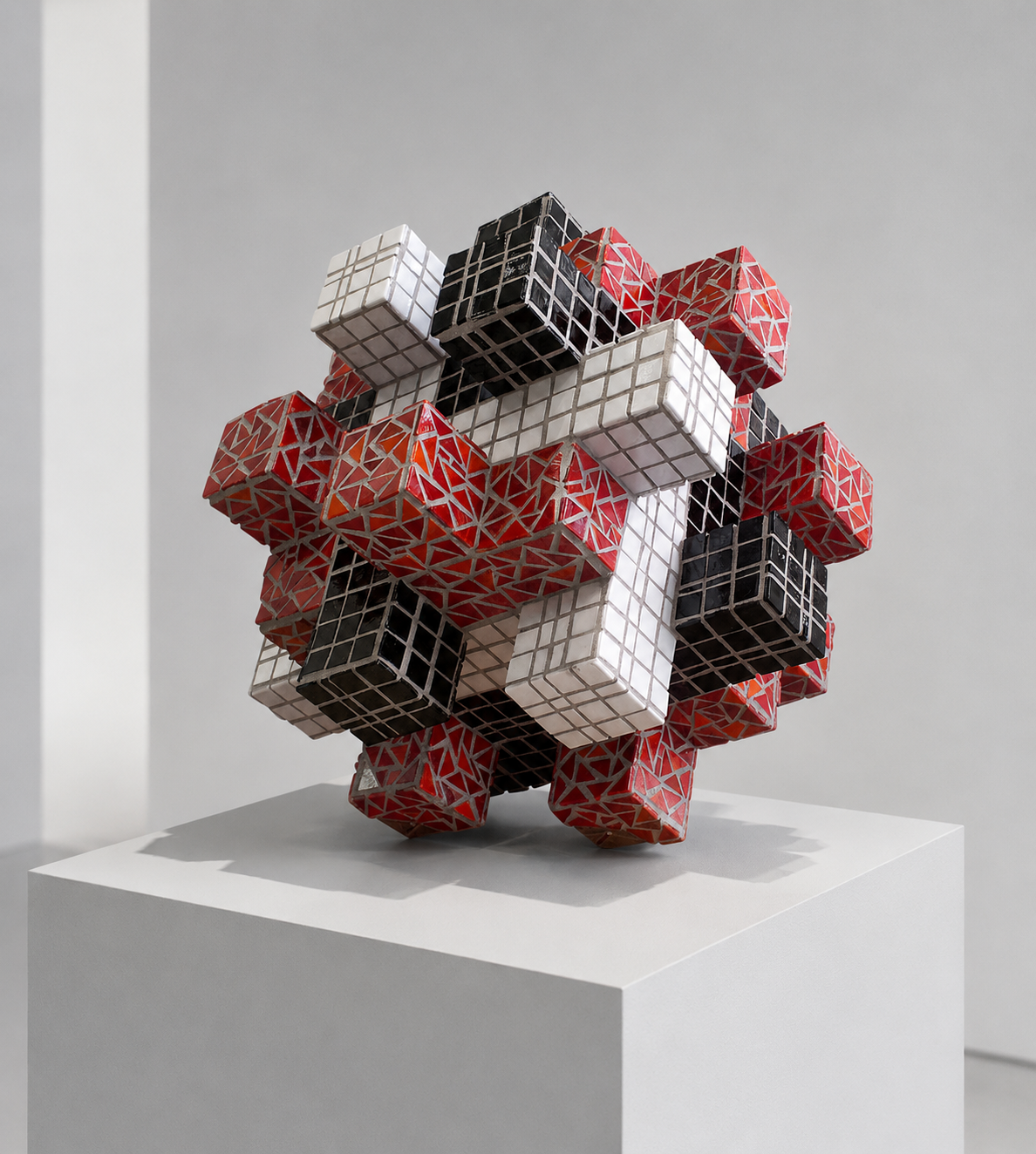 Abstracte kubussculptuur in zwart, wit en rood op een witte sokkel in een minimalistische galerieomgeving.