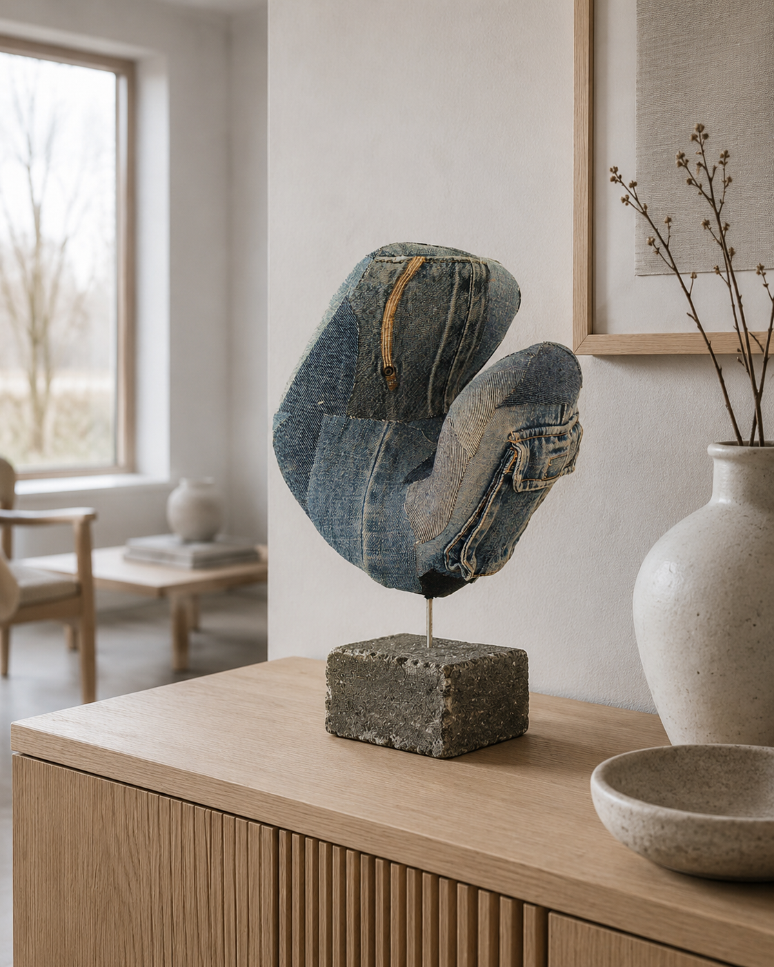 Blauwe abstracte sculptuur op een houten consoletafel in een lichte, minimalistische kamer.