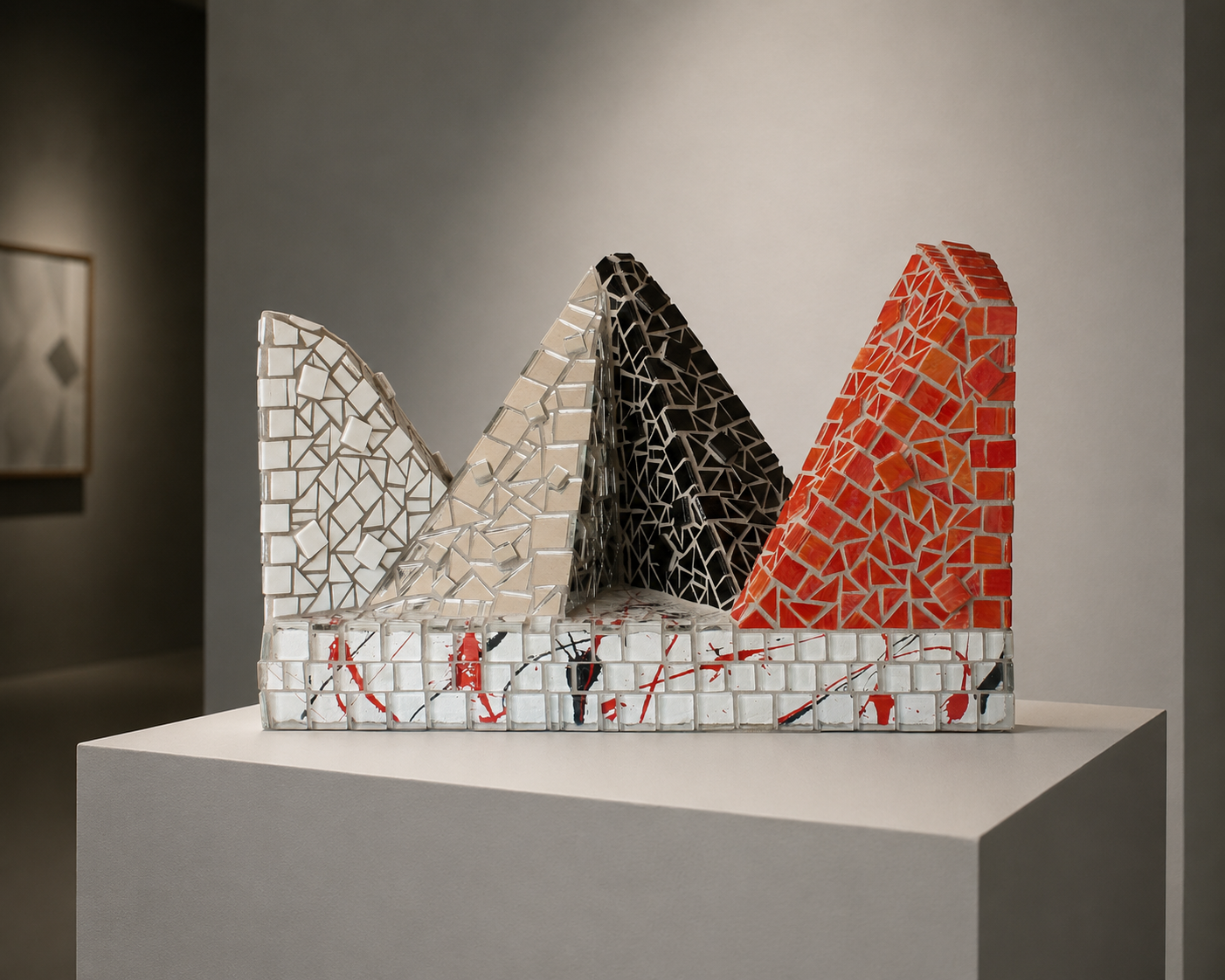 Abstracte mozaïeksculptuur met witte, zwarte en rode driehoekige toppen op een sokkel in een galerie.