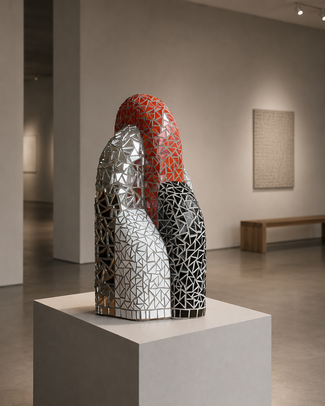 Abstracte sculptuur in rood, wit en zwart op een sokkel in een moderne galerie.