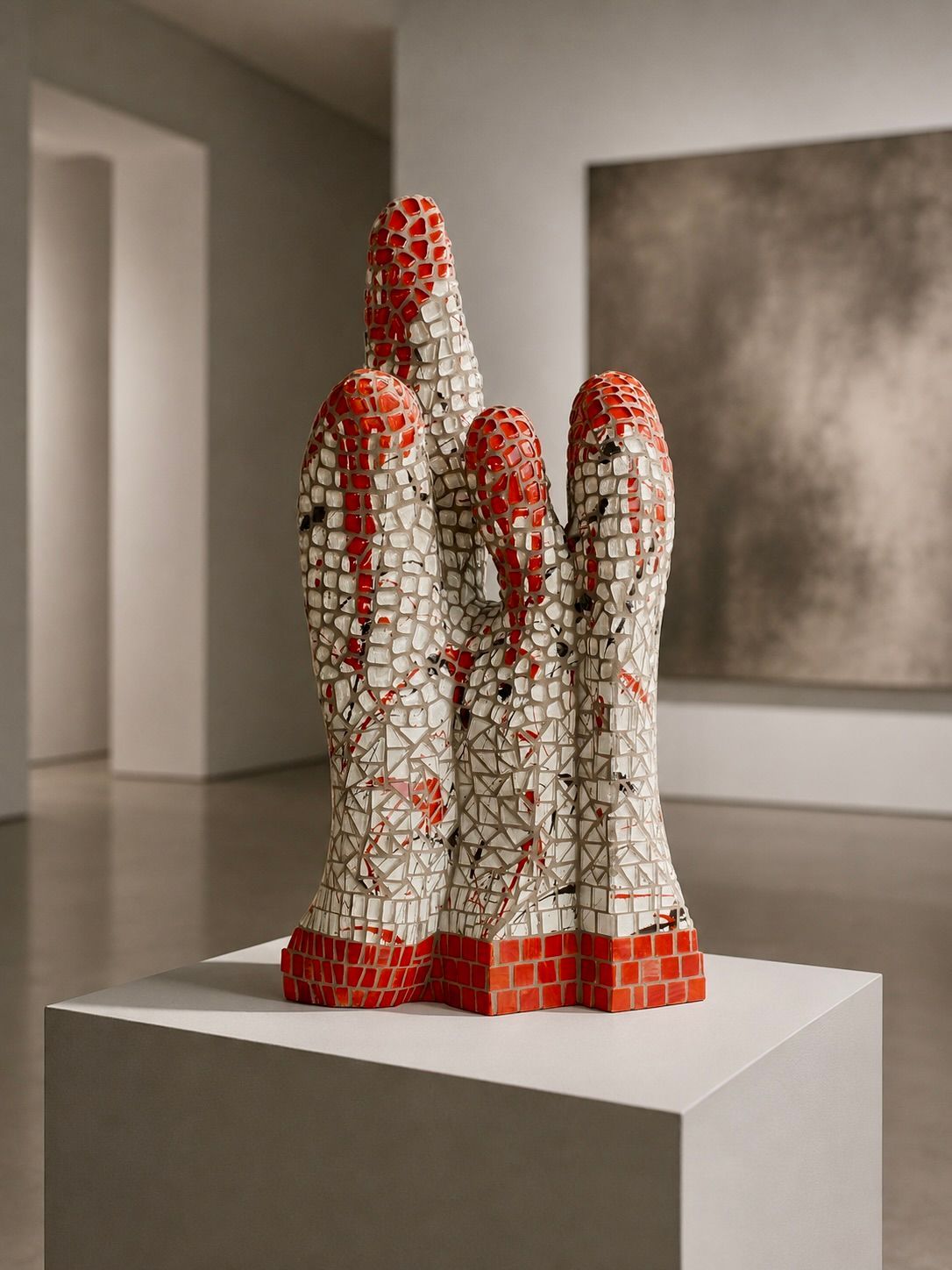 Abstracte rood-witte sculptuur op een witte sokkel in een minimalistische galerieruimte.