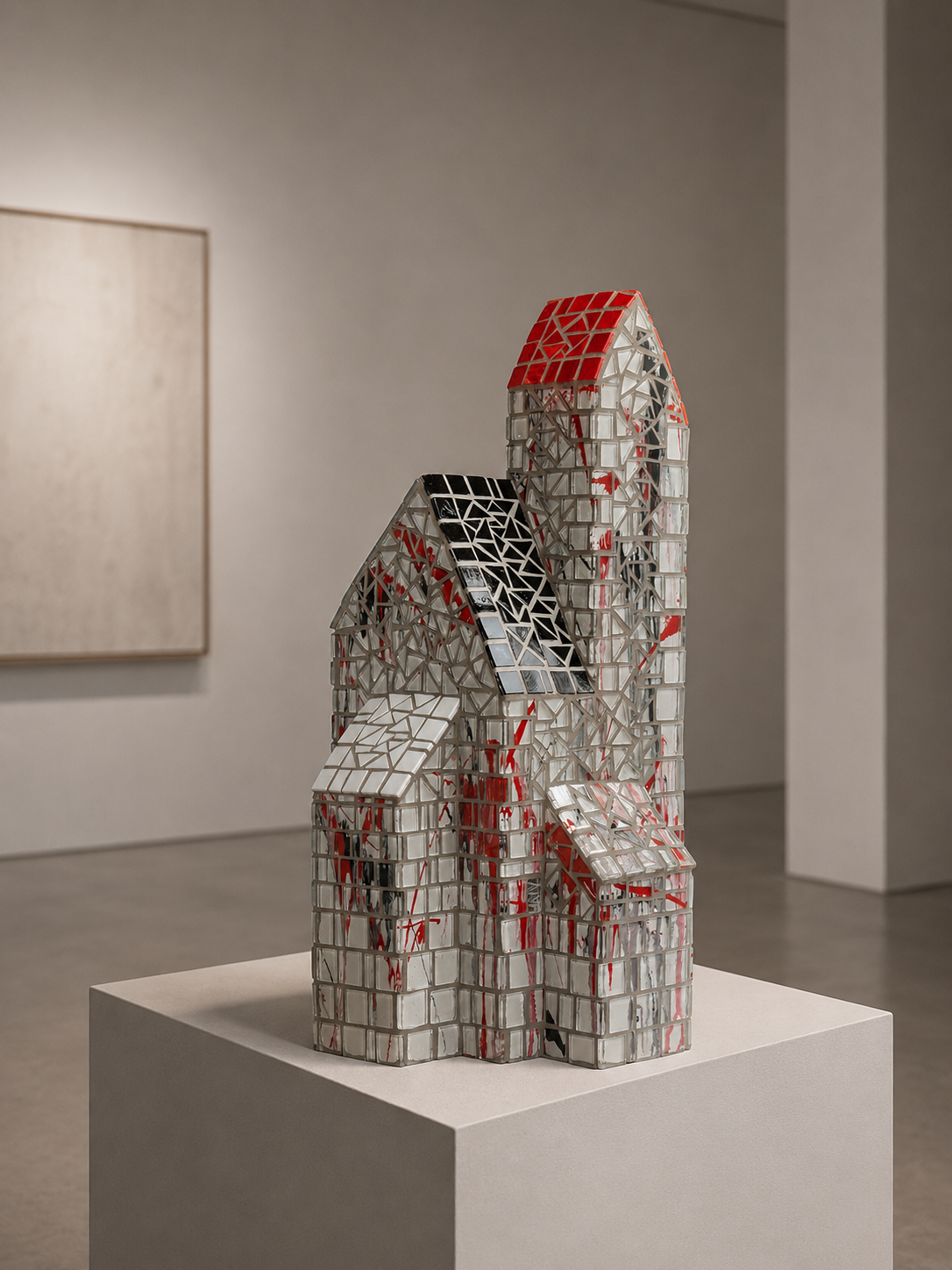 Abstracte sculptuur van rode, witte en zwarte tegels op een witte sokkel in een galerie.