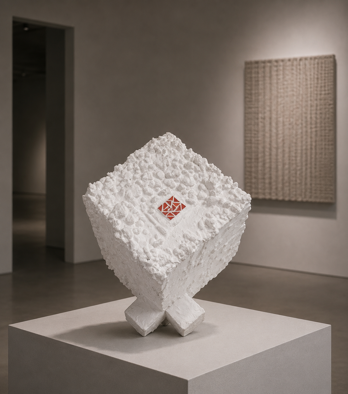 Witte geometrische sculptuur op een sokkel in een minimalistische galerie, met een geweven wanddecoratie op de achtergrond.