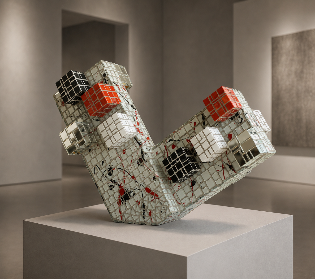 Abstracte geometrische sculptuur met rode en witte mozaïekkubussen op een sokkel in een galerie.