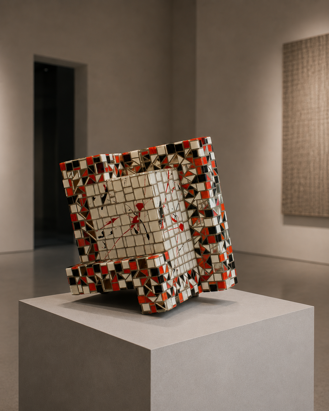 Abstracte geometrische sculptuur van rode, zwarte en witte blokken op een sokkel in een galerie.