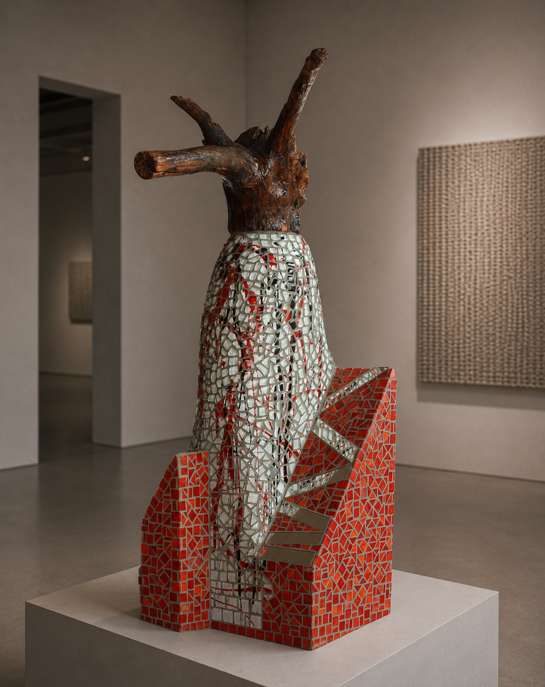 Abstracte sculptuur met hoorns op een witte sokkel in een galerie, met rode en geometrische elementen met patronen.