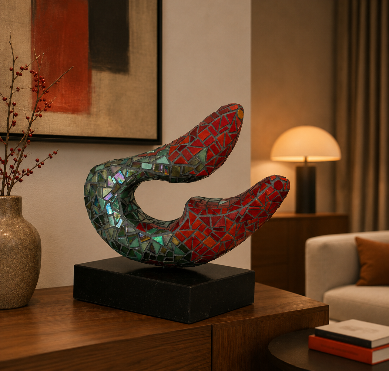 Abstracte mozaïeksculptuur in rood en blauw op een zwarte sokkel in een sfeervol verlichte woonkamer.