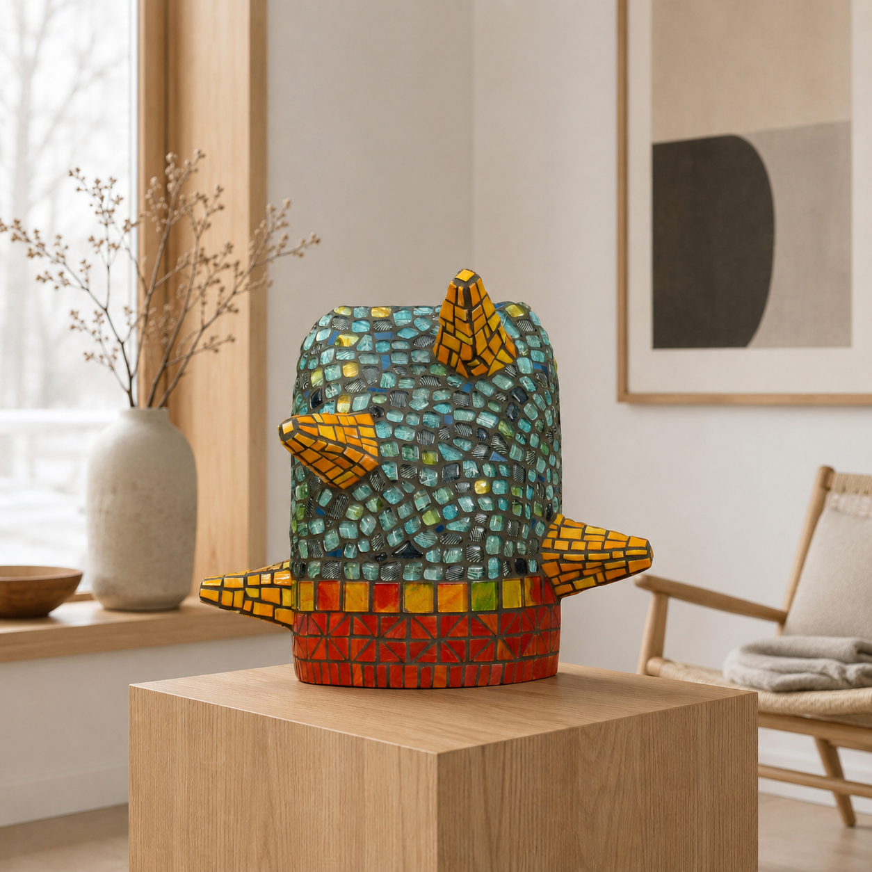 Kleurrijke mozaïeksculptuur op een houten sokkel in een lichte, moderne woonkamer.