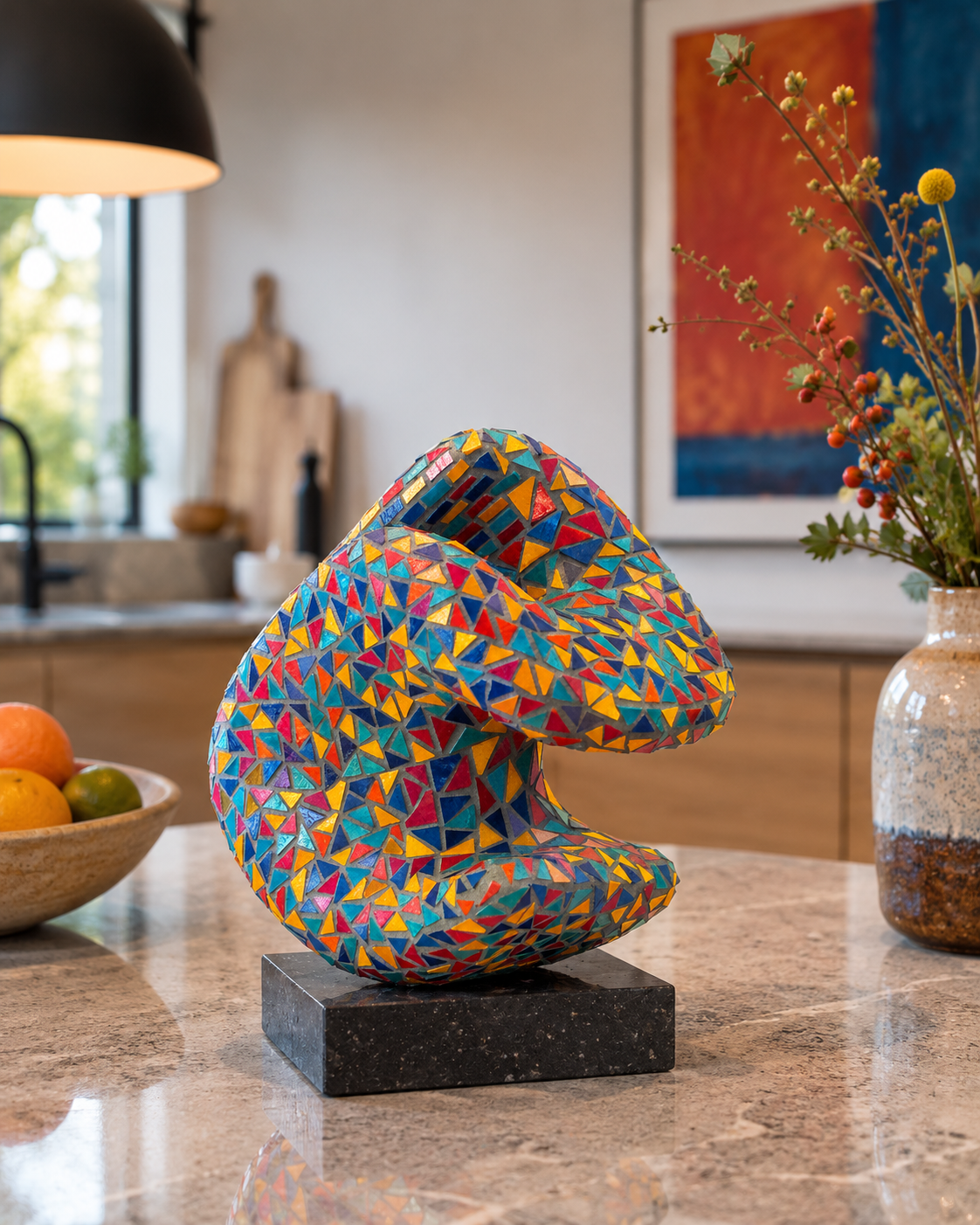 Een kleurrijke, geometrische, abstracte sculptuur op een sokkel in een lichte woonkamer.