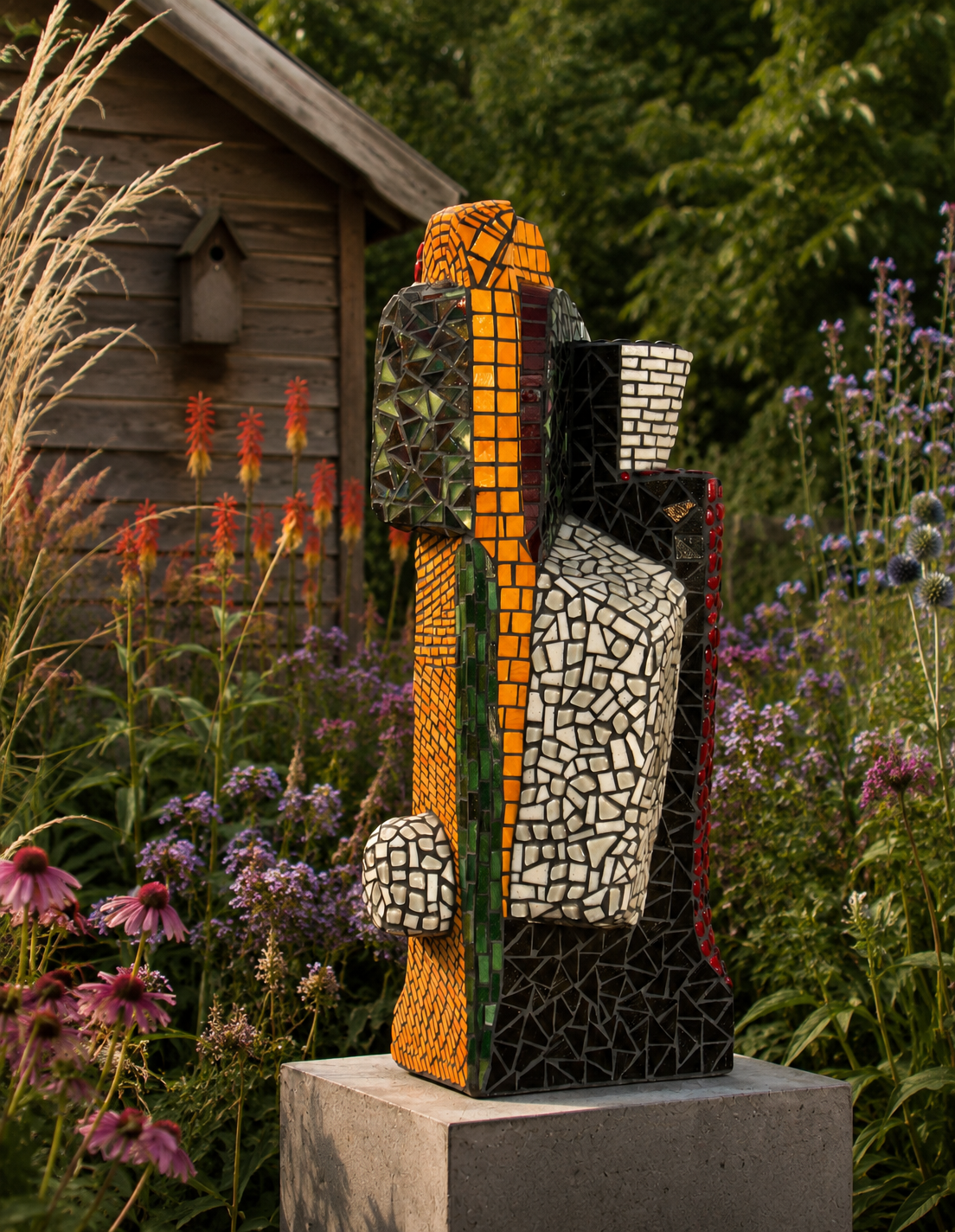 Abstracte mozaïeksculptuur in een tuin, met oranje, zwarte, witte en groene tegels.