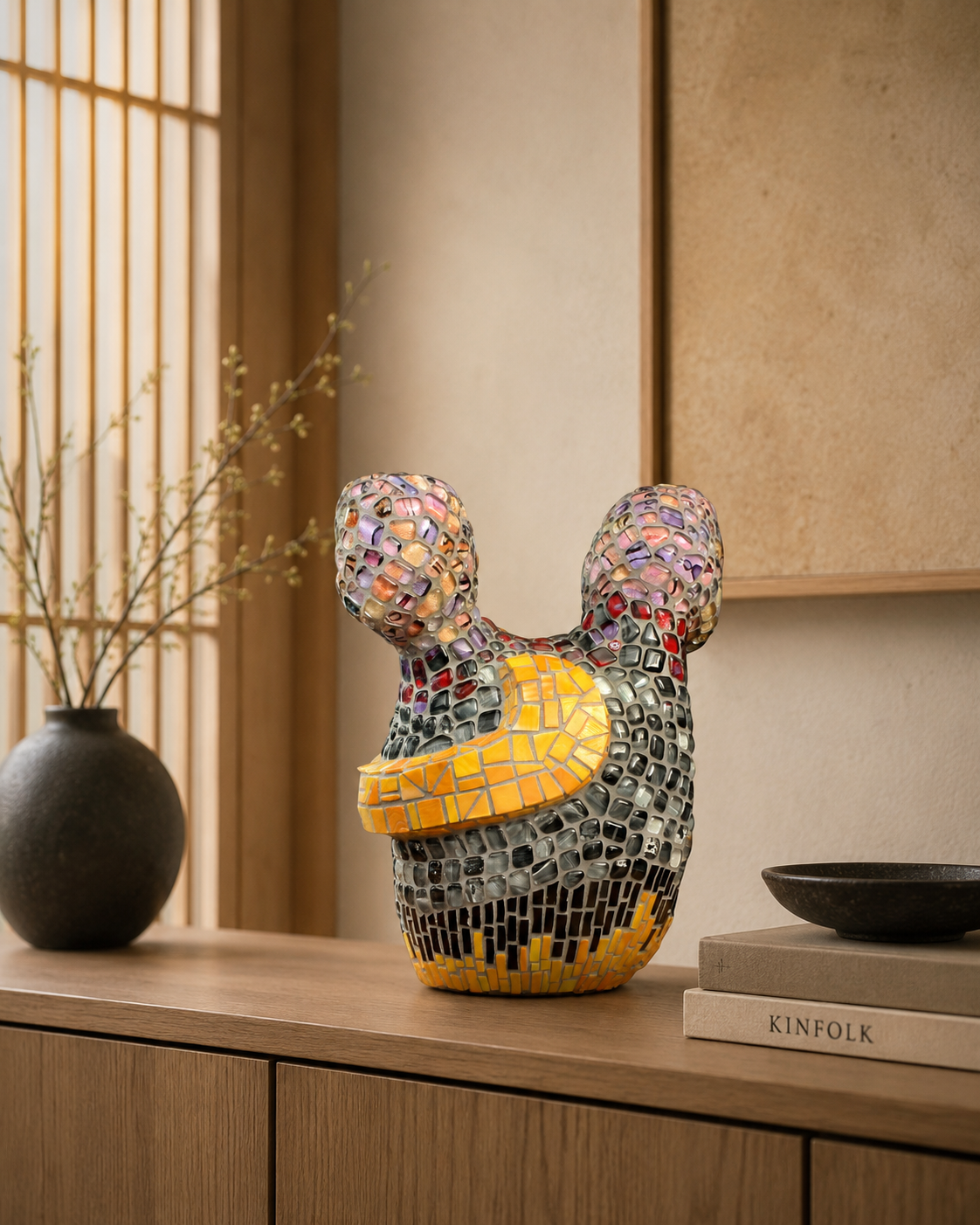 Mozaïek Mickey Mouse-sculptuur op een houten plank naast een vaas en opgestapelde boeken in een kamer met warme tinten.