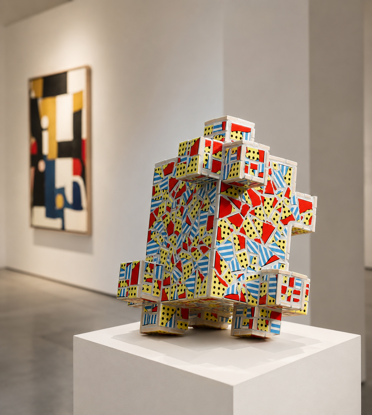 Een kleurrijke, abstracte, geometrische sculptuur op een witte sokkel in een galerie.