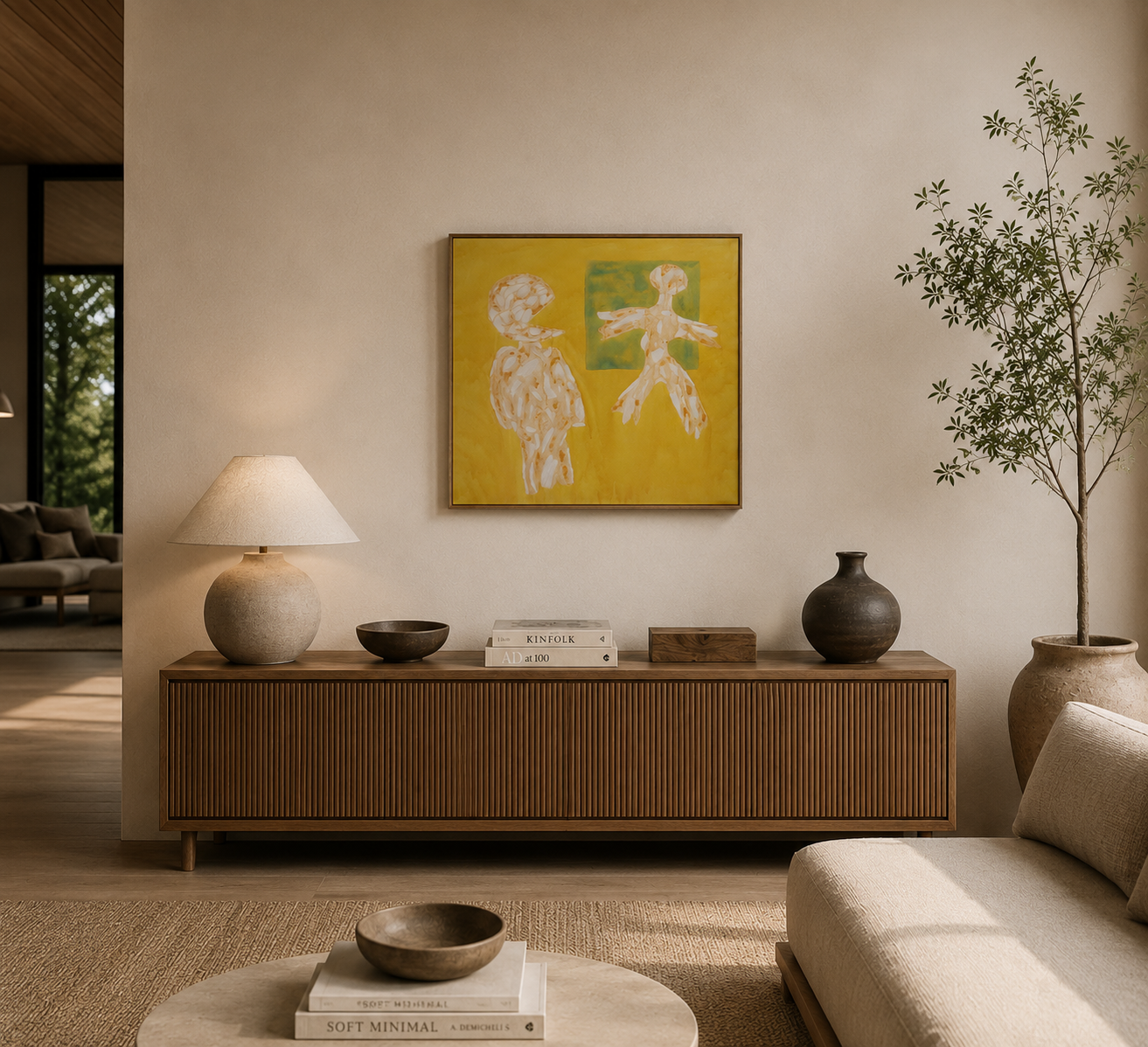 Gezellige woonkamer met een houten dressoir, beige lamp, abstracte gele kunst en een potplant.