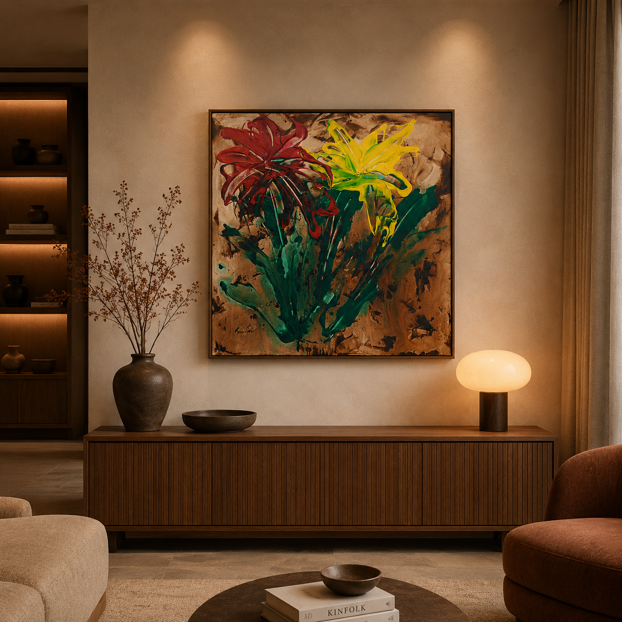 Moderne woonkamer met kleurrijk abstract schilderij, houten console, warme lamp en neutrale decoratie.