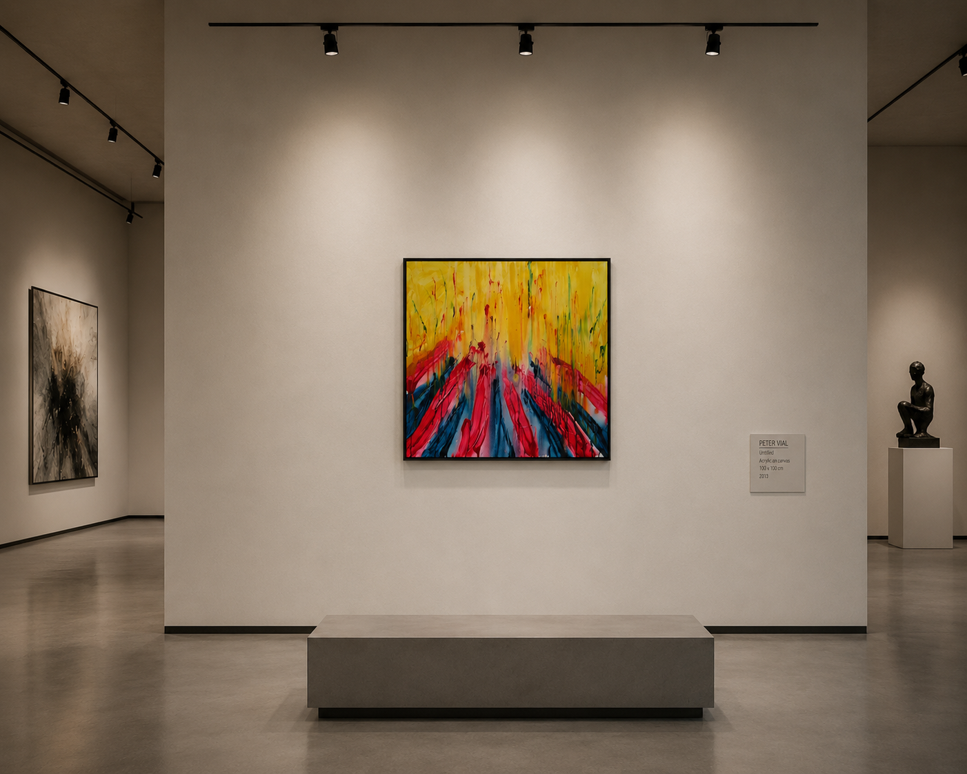 Moderne kunstgalerie met een helder abstract schilderij in het midden van een witte muur en een bankje ervoor.