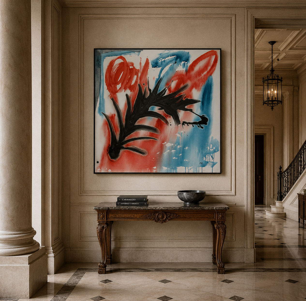 Hal met ingelijst abstract schilderij boven een sierlijke tafel in een statig interieur.